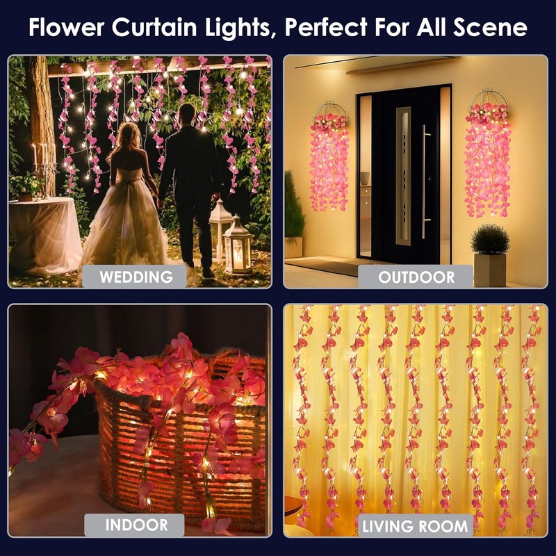 Gesto Pink Artificial Flower Curtain LED String Lights – 200 LED Warm White Fairy Lights with 8 Modes | AC Plug Mesh Curtain Lights for Balcony, Bedroom,Home,Diwali Decoration Hanging Lights (10x3 Ft) - Image 3