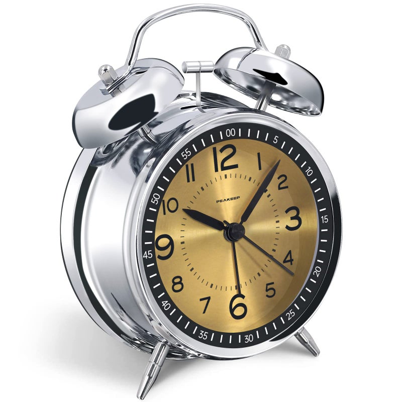 Peakeep Loud Alarm Clock for Heavy Sleepers Adults Metal 4 Inches Twin Bell Battery Operated Alarm Clocks for Bedrooms Decoration Golden