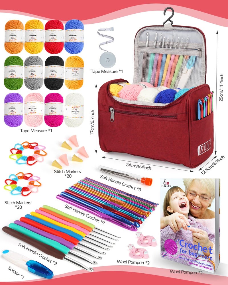 Aeelike Crochet Kit for Beginners Young and Old, First Crochet Kit for Adults Include 23pcs Crocheting Hooks, 655 Yards Yarn Set, Instruction, Bag, Crocheting Accessories and Supplies, WineRed - Image 2