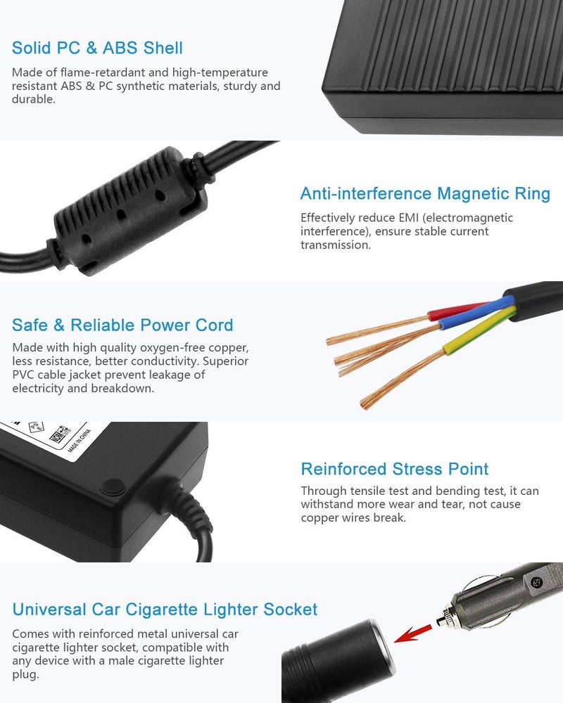 soletal High-Power AC to DC Converter - AC-100V/240V to DC-12V 10A 120W (150W Peak) Car Cigarette Lighter Socket Adapter for Inflators, Car Refrigerators, and More - Image 5