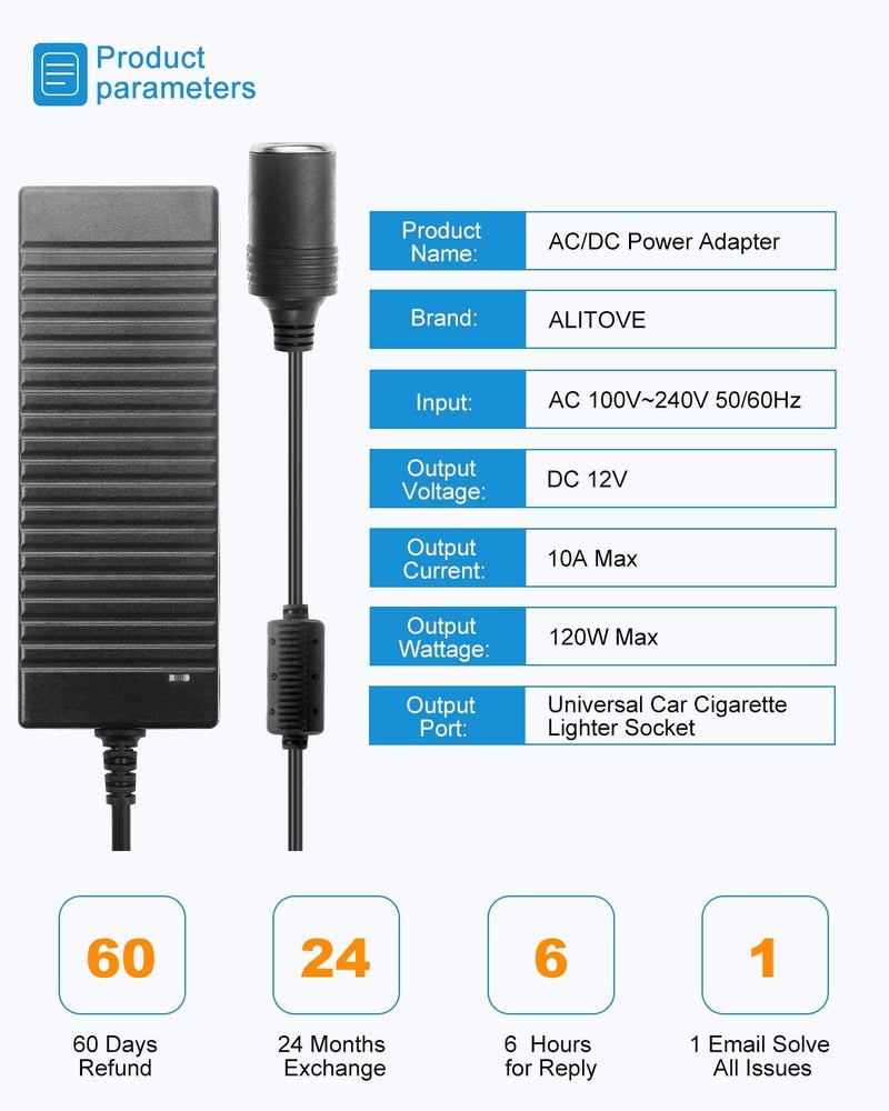 soletal High-Power AC to DC Converter - AC-100V/240V to DC-12V 10A 120W (150W Peak) Car Cigarette Lighter Socket Adapter for Inflators, Car Refrigerators, and More - Image 3