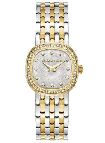 شيروتي 1881 Women's Cerruti 1881 Gresta Analog Women's Watch - White Mother of Pearl Dial, Crystal Indexes, Two Tone Bracelet