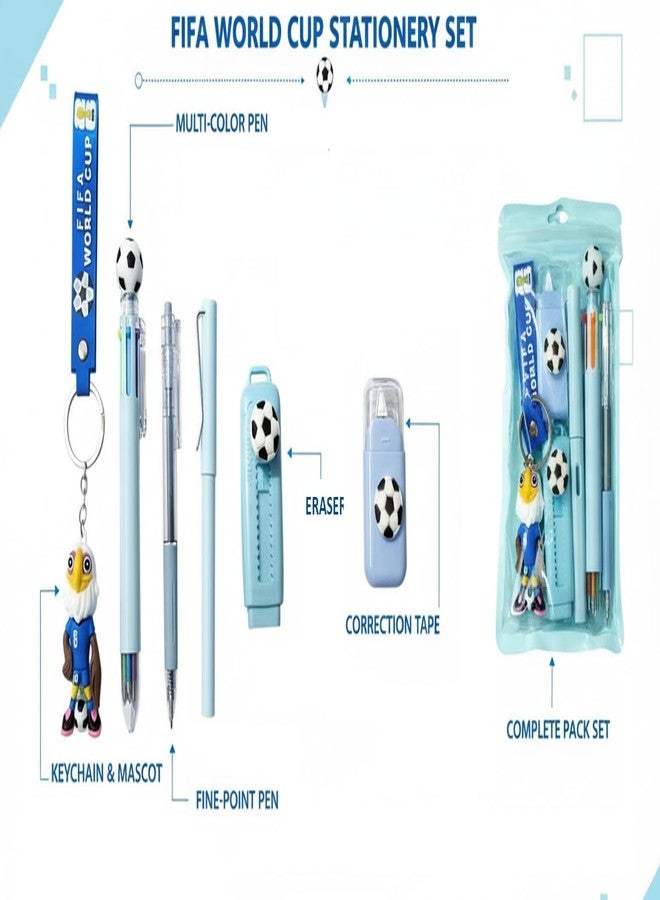 SAMVARDHAN 6 Pc Combo Football Stationery Set for Kids – School Supplies Kit with Multicolor Pen, Eraser, Pencil, Correction Tape, Key chain Accessories for School, Return Gifts (Blue) - Image 3