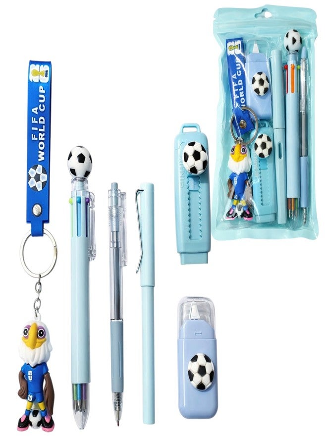 SAMVARDHAN 6 Pc Combo Football Stationery Set for Kids – School Supplies Kit with Multicolor Pen, Eraser, Pencil, Correction Tape, Key chain Accessories for School, Return Gifts (Blue) - Image 1