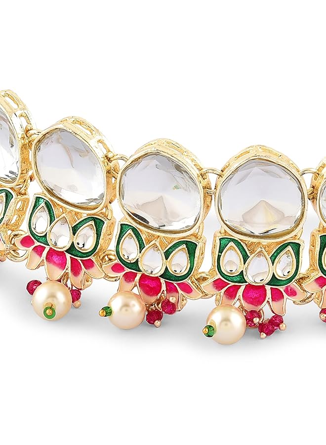 erorex Multicolor Meenakari Lotus Kundan Choker Necklace Earring And Ring Set For Women Zpfk15941  - Image 4