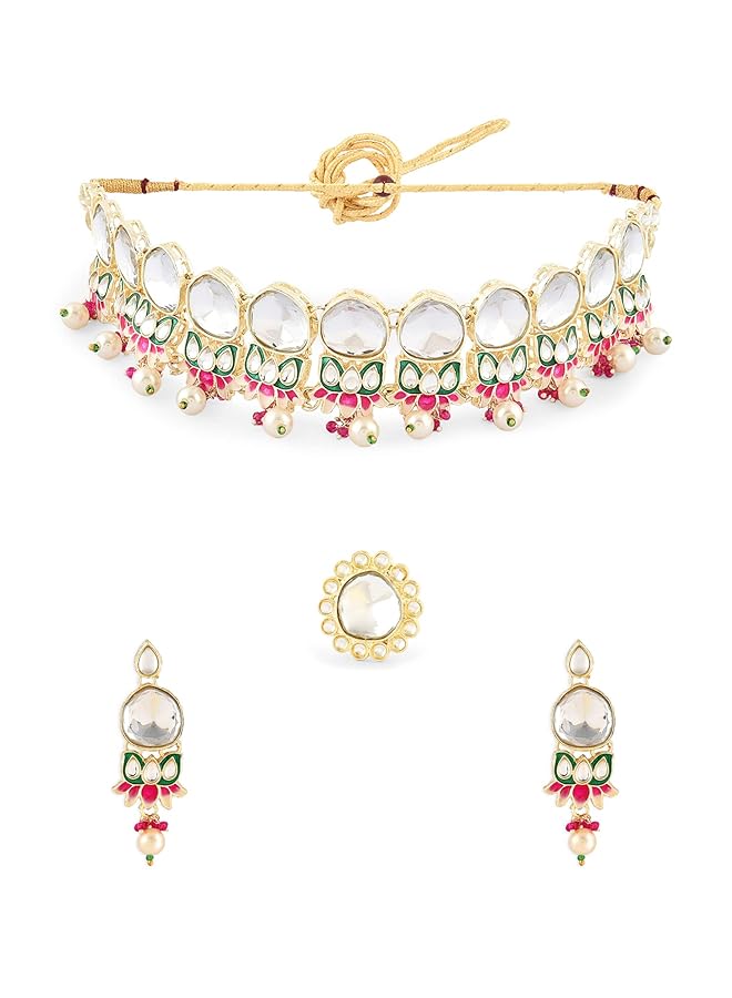 erorex Multicolor Meenakari Lotus Kundan Choker Necklace Earring And Ring Set For Women Zpfk15941  - Image 1