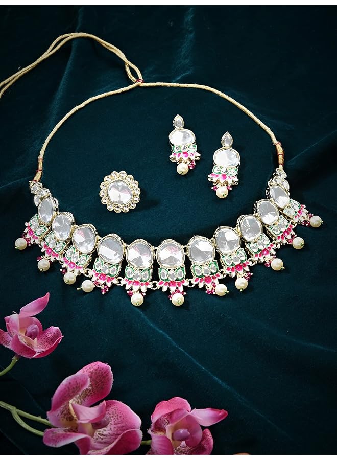 erorex Multicolor Meenakari Lotus Kundan Choker Necklace Earring And Ring Set For Women Zpfk15941  - Image 3