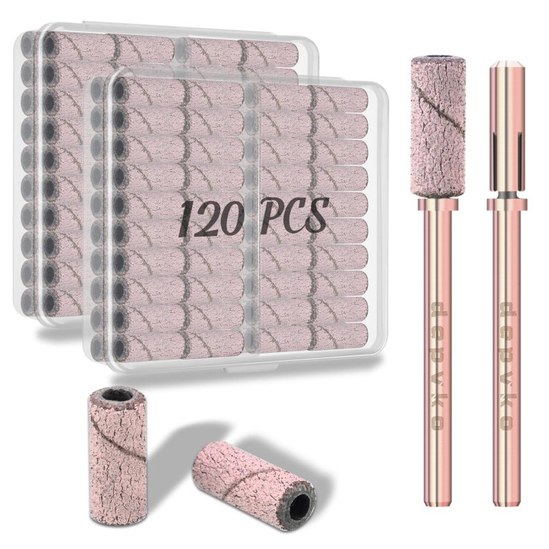 Depvko UpgradeDepvko 120pcs Small Sanding Bands for Nail Drills with 2pcs 31MM Mandrel Nail Drill Bits 120 Medium Grit Nail File Sanding Bands for Acrylic Nails Tech Gel Manicures and Pedicure Pink