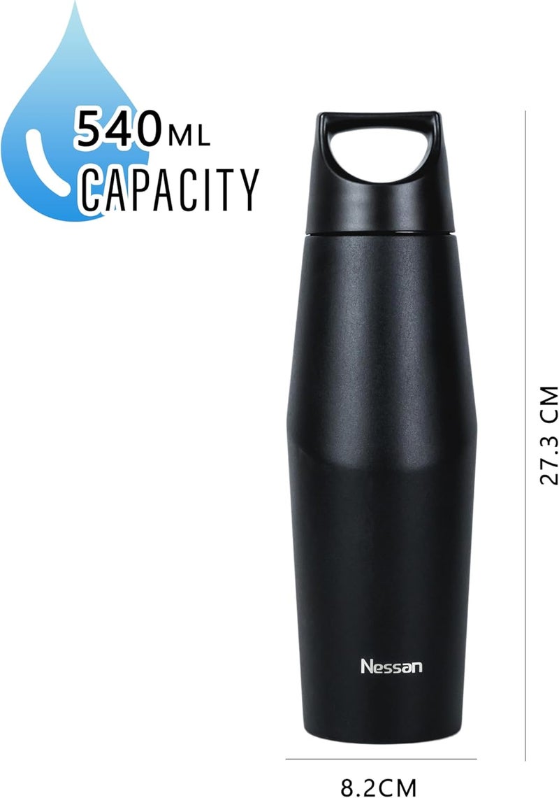 Nessan Double Wall Stainless Steel Vacuum Insulated Travel Flask Bottle for Water, Iced Tea or Hot Coffee, Smoothie and More (Black, 540ml) - Image 3