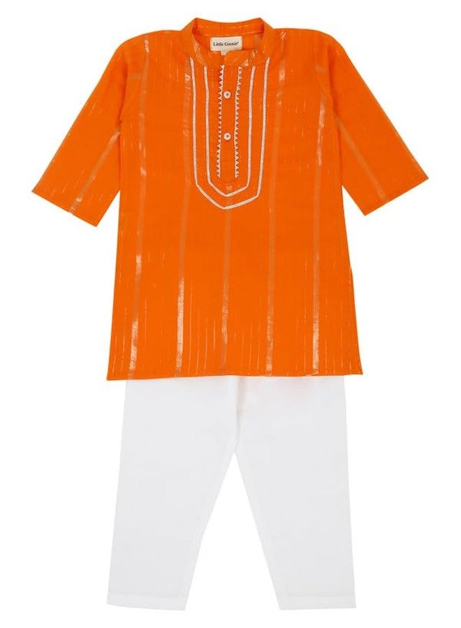 LITTLE GINNIE Kurta Pajama for Kids Boys, Orange & White, Cotton, 3-4 Years - Image 1