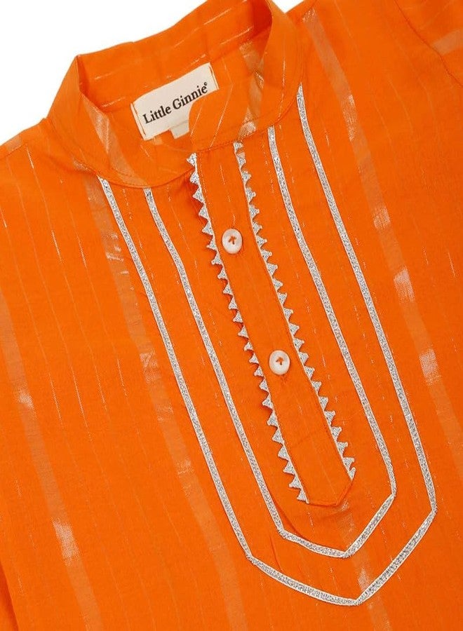 LITTLE GINNIE Kurta Pajama for Kids Boys, Orange & White, Cotton, 3-4 Years - Image 4