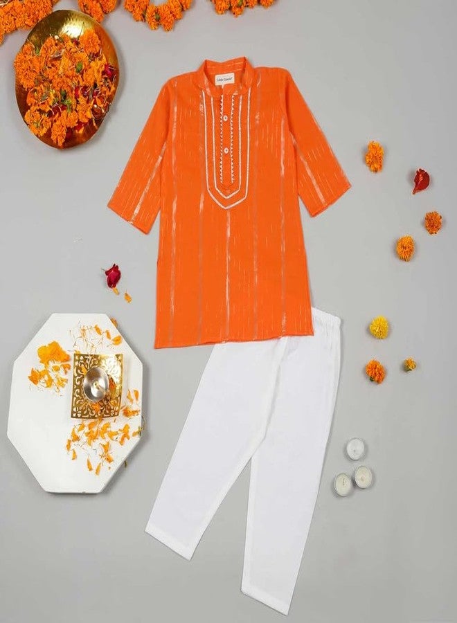 LITTLE GINNIE Kurta Pajama for Kids Boys, Orange & White, Cotton, 3-4 Years - Image 2