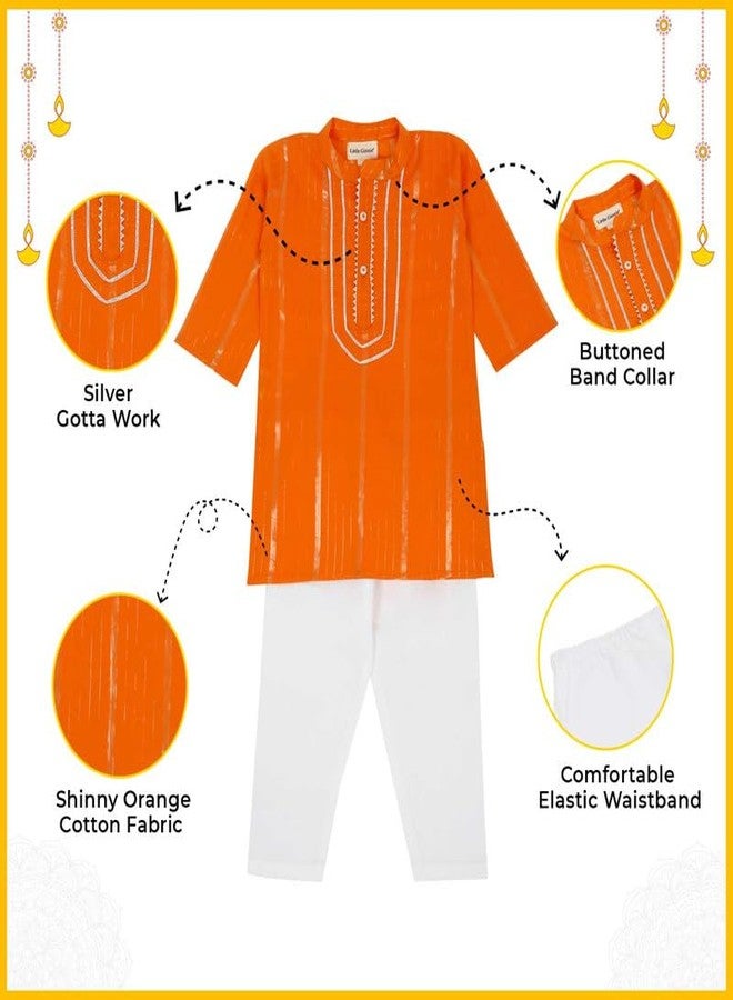 LITTLE GINNIE Kurta Pajama for Kids Boys, Orange & White, Cotton, 3-4 Years - Image 3