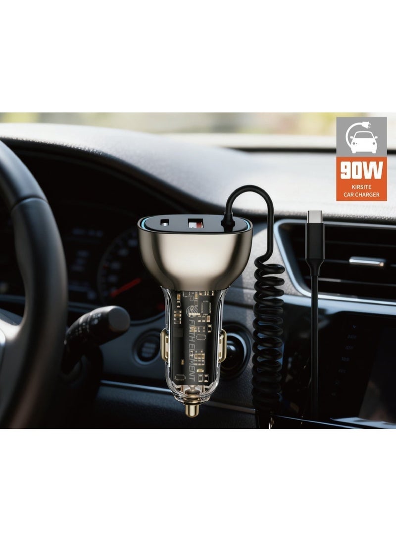 FIFTH ELEMENT Nano Pro 90W Car Charger with Built-In Retractable USB-C Cable & Extra Fast-Charging Port – Black - Image 3