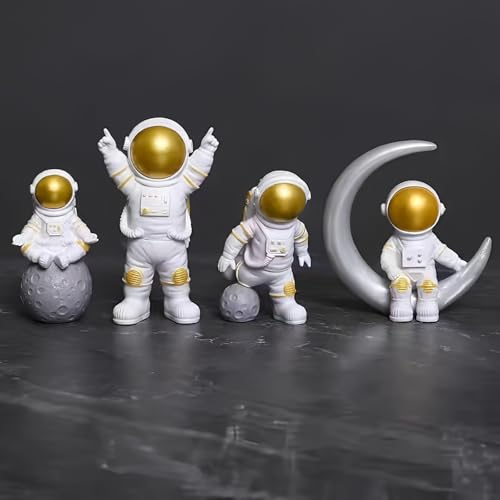 Ni-JASW Gold White Astronaut Statues Set of 4, Spaceman Sculptures Figurines Space Theme Decor for Room Shelf Desk Cake Toppers - Image 1