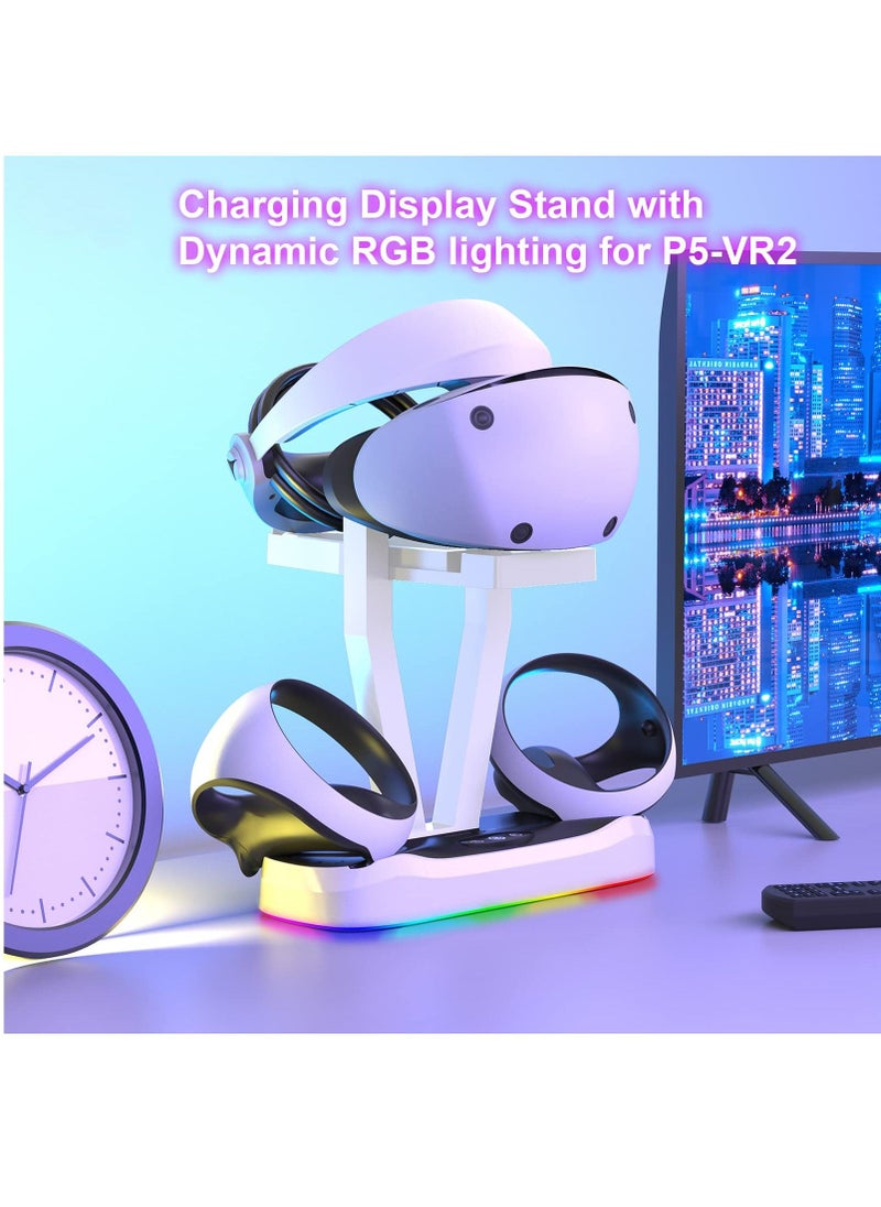 PS VR2 Charging Station with RGB Light Fast Charger Dock for Playstation VR2 Sense Controllers with 3 Type-C Magnetic Adapters PSVR2 Headset Stand Holder for PS5 VR2 Accessories