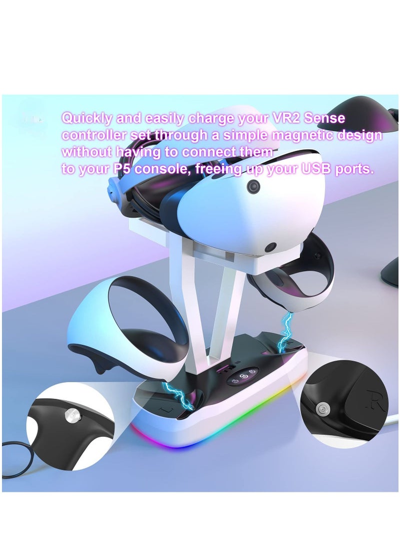PS VR2 Charging Station with RGB Light Fast Charger Dock for Playstation VR2 Sense Controllers with 3 Type-C Magnetic Adapters PSVR2 Headset Stand Holder for PS5 VR2 Accessories