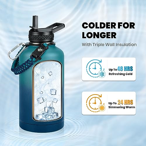 RAYMYLO Insulated Water Bottle 64 oz, Triple Wall Vacuum Stainless Steel (Cold for 48 Hrs), Leak Proof & Non-BPA, Half Gallon Water Flask Jug with Paracord Handle & Straw Spout Lids, Cyan Blue - Image 2