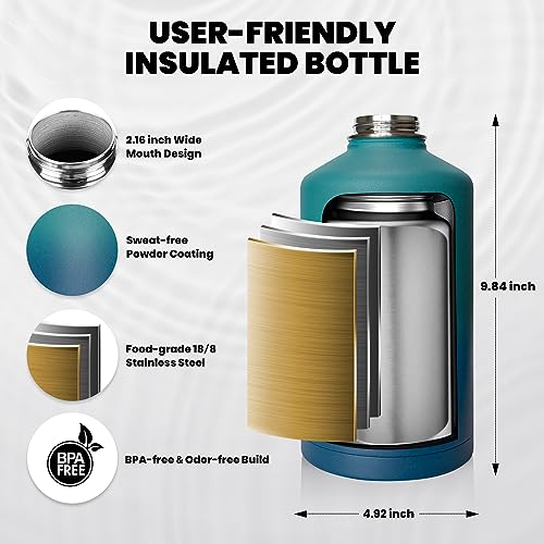 RAYMYLO Insulated Water Bottle 64 oz, Triple Wall Vacuum Stainless Steel (Cold for 48 Hrs), Leak Proof & Non-BPA, Half Gallon Water Flask Jug with Paracord Handle & Straw Spout Lids, Cyan Blue - Image 5