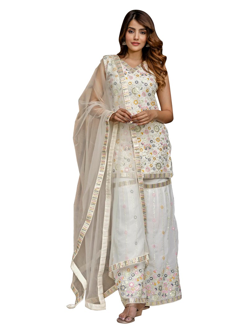 TRENDMALLS مجموعة كورتا شراورة مع دوبتة مطرزة من جورجيت للنساء (G302-OffWhite-M) - Image 1
