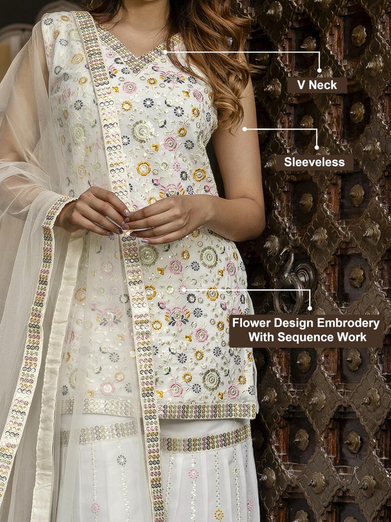 TRENDMALLS مجموعة كورتا شراورة مع دوبتة مطرزة من جورجيت للنساء (G302-OffWhite-M) - Image 4