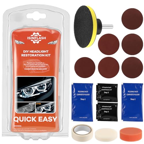 ISINFLASH Car Headlight Restoration Kit 3 Easy Steps to Restore Sun Damaged Automotive Headlights Lens Polish Restorer Cleaner Tool DIY Polishing Sanding Discs Scouring Pads for Electric Drill
