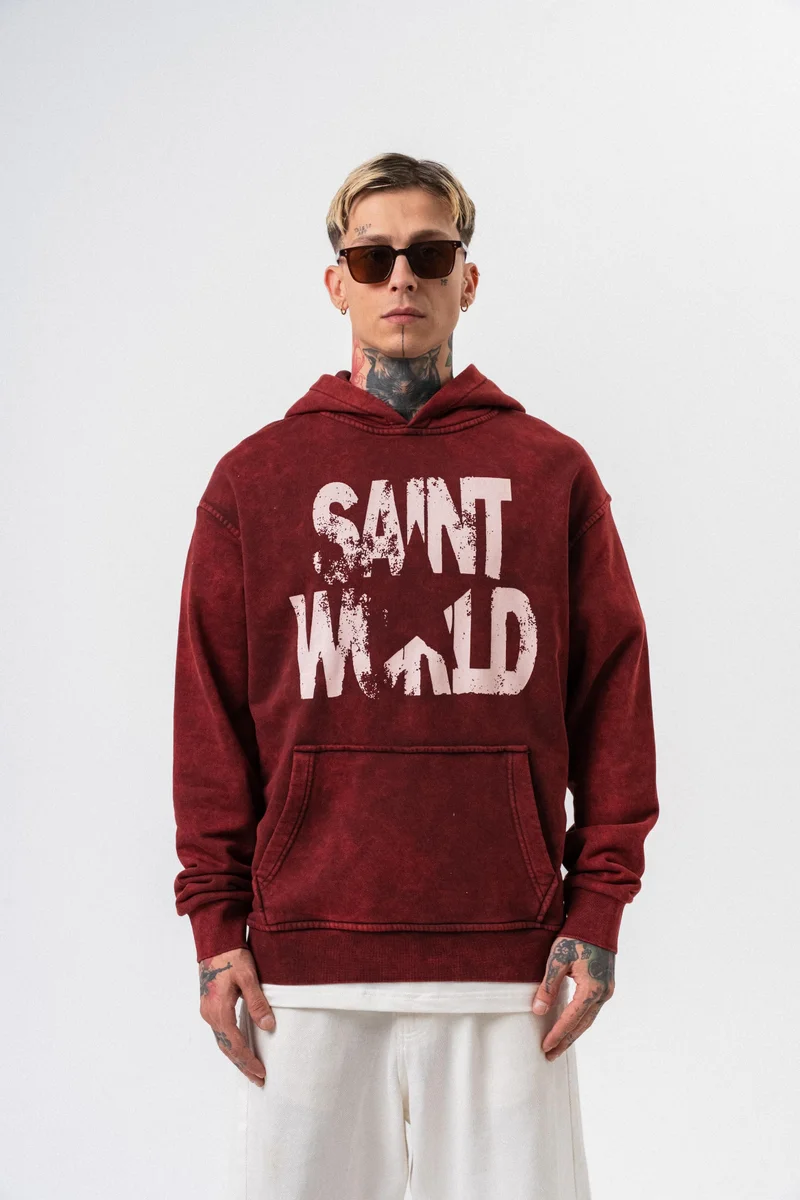 RESPIRE Men's Star Printed Washed Hooded Oversize Hoodie Bordeaux