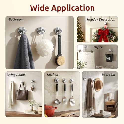 awrose 4 Packs Suction Cup Hooks for Shower, Heavy-Duty Wreath Hangers for Front Door, No Drill Glass Door Shower Suction Hooks No Damage for Walls Bathroom Kitchen Window Mirror Tile Towel Coat Robe Loofah - Image 5