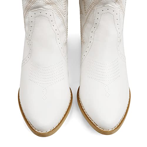 Zzheels Women Mid-calf Cowboy Boots Pointy Toe Boot Embroidered Western Cowgirl Boots Chunky Heels White US8.5 - Image 2