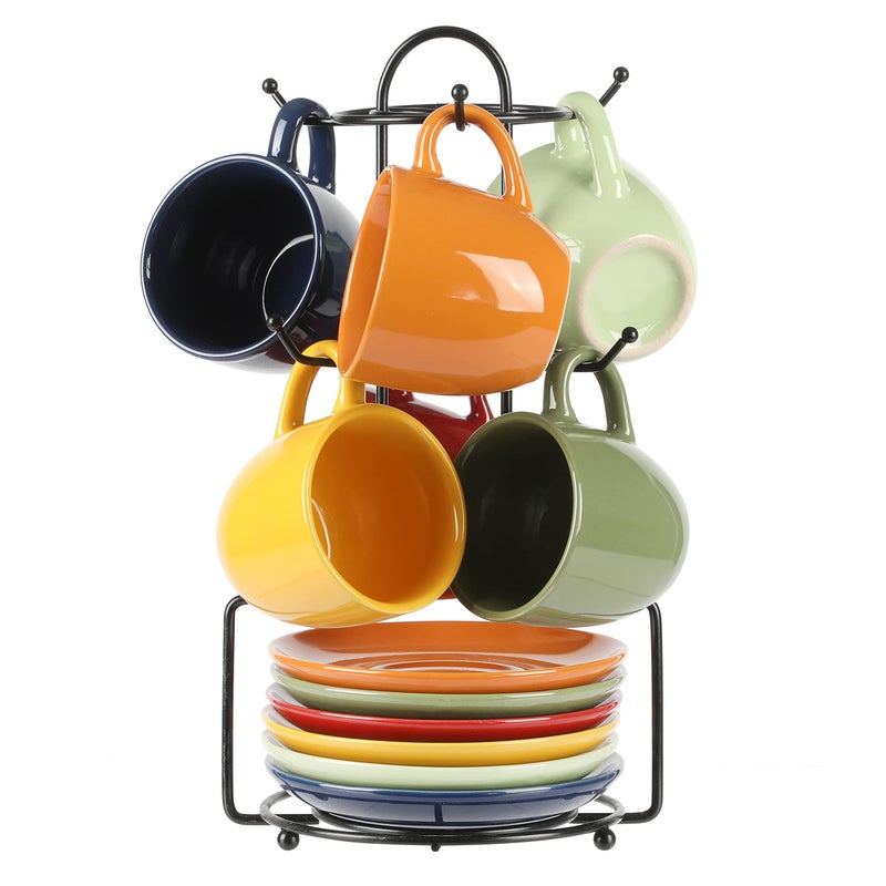 Gibson Home Gibson Home Color Caf 13 Piece Assorted Color Stoneware Mug Set WMetal Rack and Saucer Set 