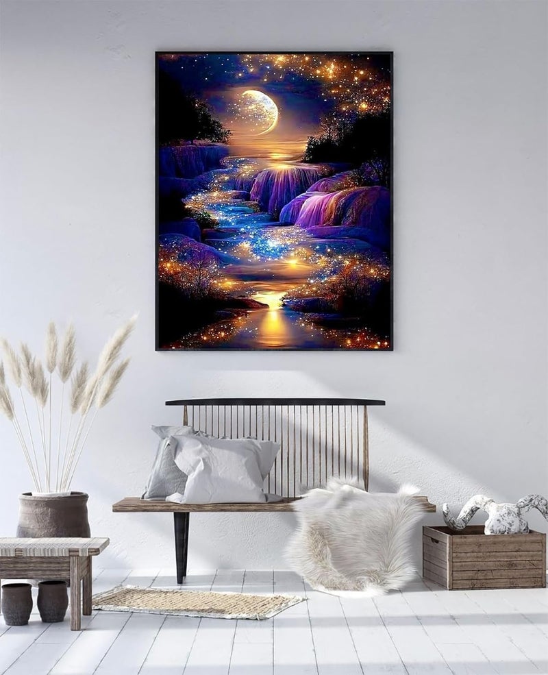 TREXEE 5D Diamond Painting Kits for Adults Beginners, Moonlight Waterfall Diamond Art Kits, DIY Full Round Drill Night Moon Landscape Paint with Diamonds Gem Art, Home Wall Decor 12 x 16 Inch - Image 2