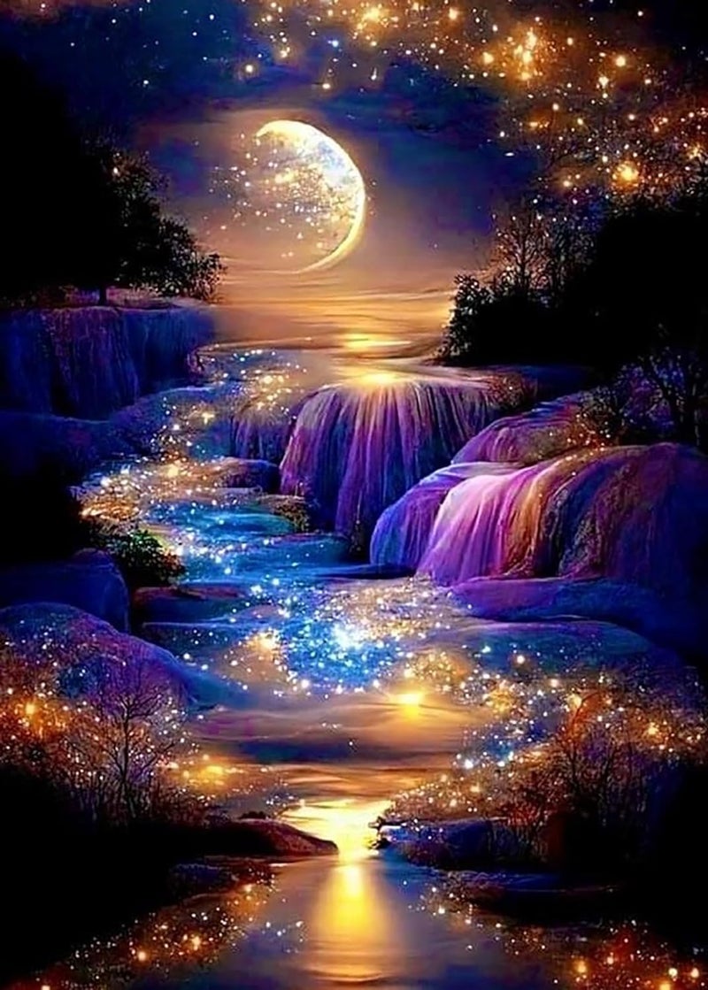 TREXEE 5D Diamond Painting Kits for Adults Beginners, Moonlight Waterfall Diamond Art Kits, DIY Full Round Drill Night Moon Landscape Paint with Diamonds Gem Art, Home Wall Decor 12 x 16 Inch - Image 1