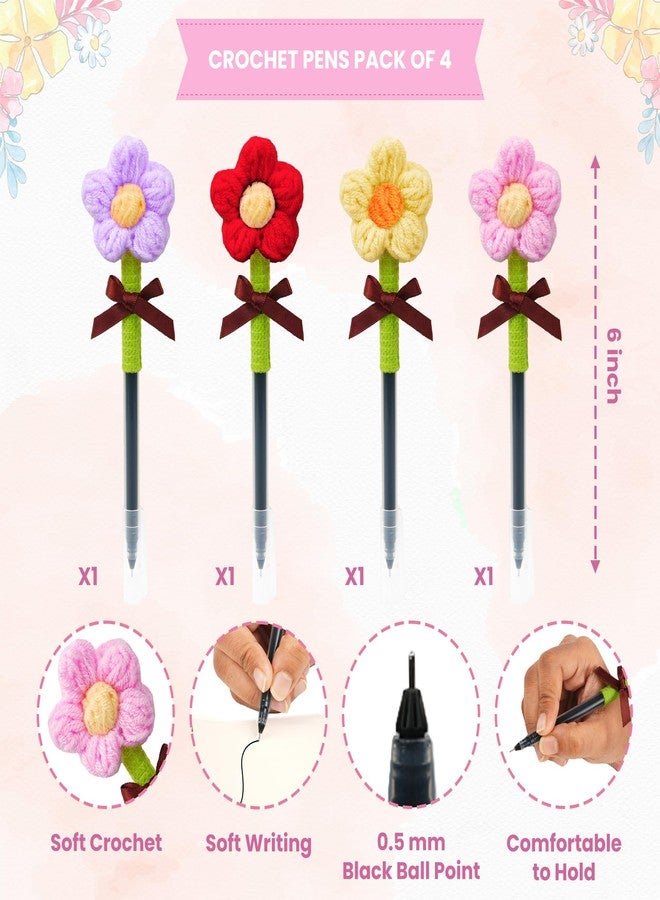 KatchOn, Crochet Flower Ballpoint Pens - Pack of 4 | Purple, Red, Yellow and Pink Handmade Crochet Pens Writing for Home Office and School Supplies | Party Favors for Kids | Ball Point Pen, Funny Pen - Image 3
