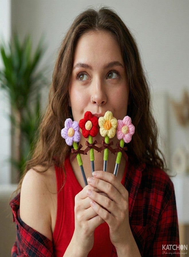 KatchOn, Crochet Flower Ballpoint Pens - Pack of 4 | Purple, Red, Yellow and Pink Handmade Crochet Pens Writing for Home Office and School Supplies | Party Favors for Kids | Ball Point Pen, Funny Pen - Image 2