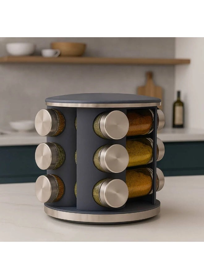 Stylish grey rotating spice organizer stand for the kitchen, featuring a 12-glass-jar capacity. - Image 1