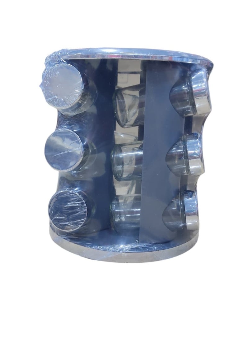 Stylish grey rotating spice organizer stand for the kitchen, featuring a 12-glass-jar capacity. - Image 3