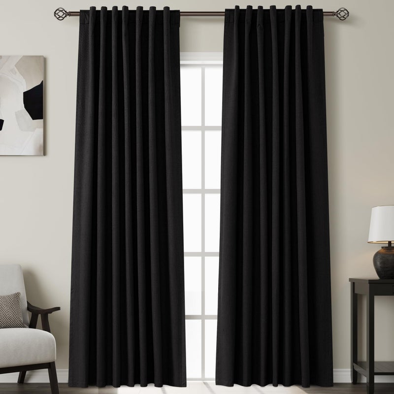 Nanspring Black Linen Blackout Curtains 84 Inches for Bedroom Pinch Pleated Modern Farmhouse Living Room Draperies 84 Length Thermal Insulated Full Shading Black Curtains With White Backing for Sliding Door - Image 1
