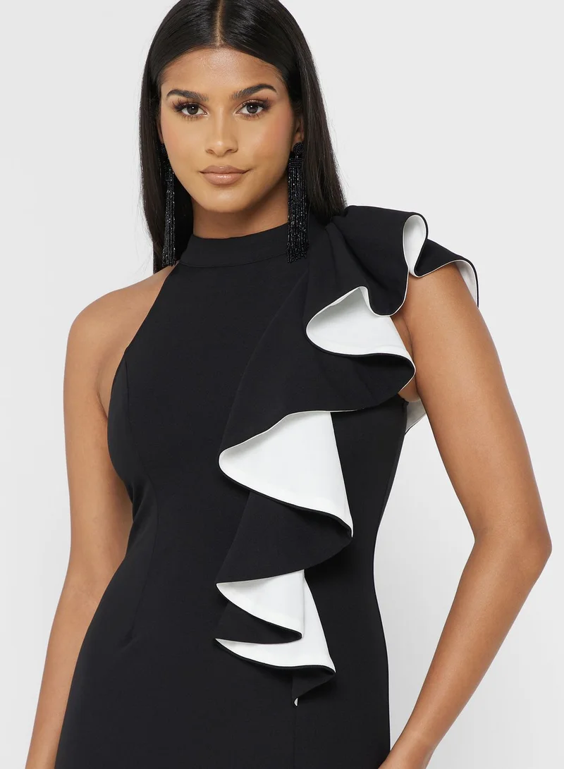 skirt and stiletto One Shoulder Waterfall Trim Dress