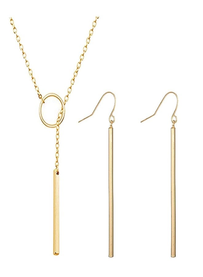 Dcfywl731 Minimal Dainty Gold Plated Dangle Earrings Layered Bar Pendant Neckalce Gold Long Y-Necklace Gold Earrings and Necklaces Set Delicate Lariat Chain Jewelry for Women - Image 1