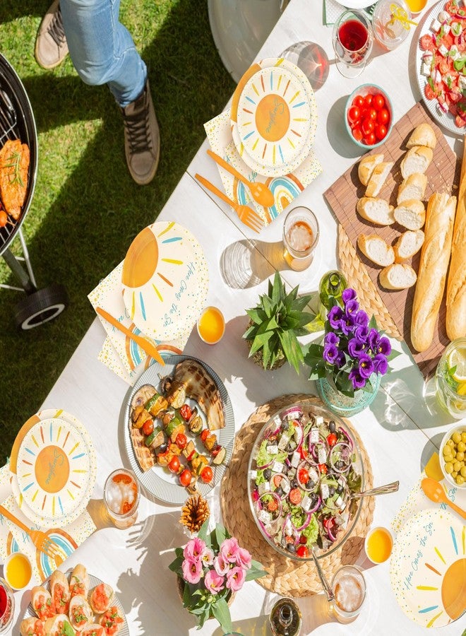 وولاين مجموعة أدوات مائدة Whaline مكونة من 168 قطعة، بتصميم بوهيمي مستوحى من الشمس، تتضمن أطباقًا ومناديل وأكوابًا وأدوات مائدة للاستخدام مرة واحدة، تكفي لـ 24 ضيفًا، مثالية لحفلات أعياد الميلاد. - Image 4