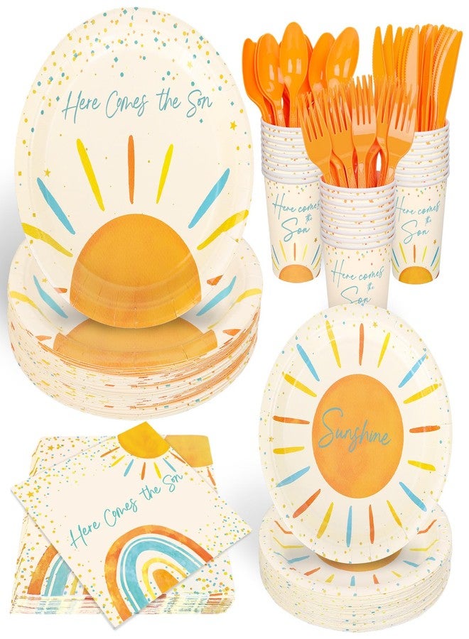 وولاين مجموعة أدوات مائدة Whaline مكونة من 168 قطعة، بتصميم بوهيمي مستوحى من الشمس، تتضمن أطباقًا ومناديل وأكوابًا وأدوات مائدة للاستخدام مرة واحدة، تكفي لـ 24 ضيفًا، مثالية لحفلات أعياد الميلاد. - Image 1