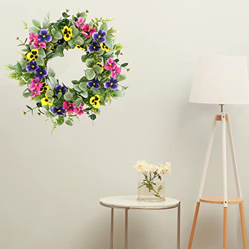 WreathDream Artificial Spring Summer Wreath with Pansy Flowers,Flocked Lamb Ear Leaves,Eucalyptus Leaves,Fern Branches for Front Door Indoor Outdoor Farmhouse Wall Holiday Decor, White Gift Box Included - Image 2