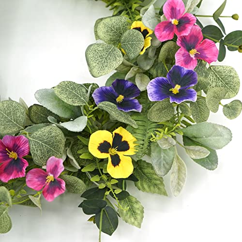 WreathDream Artificial Spring Summer Wreath with Pansy Flowers,Flocked Lamb Ear Leaves,Eucalyptus Leaves,Fern Branches for Front Door Indoor Outdoor Farmhouse Wall Holiday Decor, White Gift Box Included - Image 5