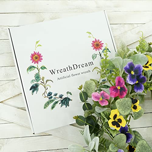 WreathDream Artificial Spring Summer Wreath with Pansy Flowers,Flocked Lamb Ear Leaves,Eucalyptus Leaves,Fern Branches for Front Door Indoor Outdoor Farmhouse Wall Holiday Decor, White Gift Box Included - Image 4