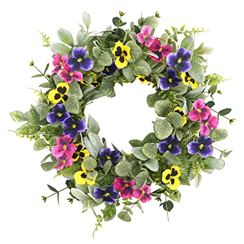 WreathDream Artificial Spring Summer Wreath with Pansy Flowers,Flocked Lamb Ear Leaves,Eucalyptus Leaves,Fern Branches for Front Door Indoor Outdoor Farmhouse Wall Holiday Decor, White Gift Box Included - Image 1