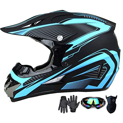 SanQing Motocross Helmet,Youth Kids Trend Full Face,ATV Motorcycle,Dirt Bike Downhill Off-Road Mountain Bike Helmet,DOT Certified,4-Piece Set (Blue, S) - Image 1