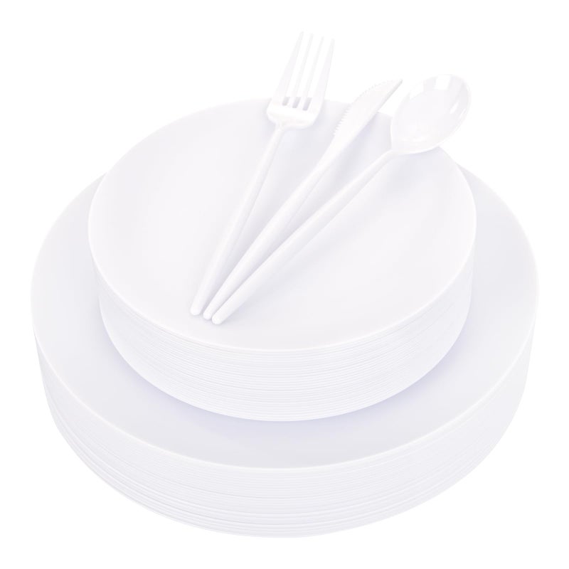 ejonirinjonir EI 150pcs White Plastic Plates Frosted Plastic Plates Plastic Plates for Party Disposable Plastic Plates with White Plastic Silverware 10.25inch Dinner Plates and 7.5inch Dessert Plates for Wedding - Image 1