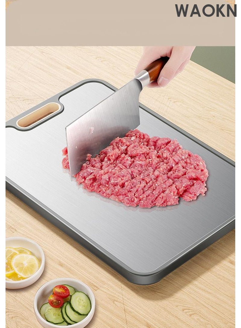دبليو أيه أو كي أن لوح تقطيع الخضار، لوح تقطيع منزلي مضاد للعفن والبكتيريا، لوح تقطيع مزدوج الجوانب للطعام، لوح تقطيع من الفولاذ المقاوم للصدأ 304 ومادة قش القمح، لوح تقطيع اللحوم والخضروات، حافة سيليكون مضادة للانزلاق، حوض عصير. - Image 3