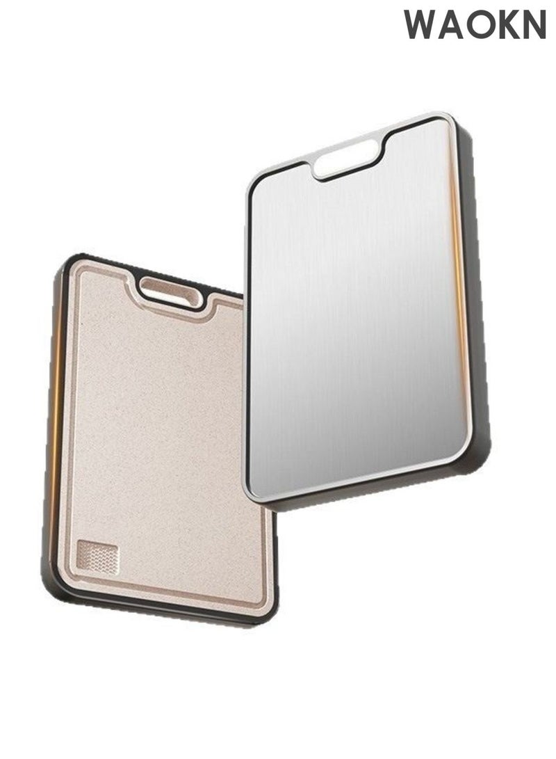 دبليو أيه أو كي أن لوح تقطيع الخضار، لوح تقطيع منزلي مضاد للعفن والبكتيريا، لوح تقطيع مزدوج الجوانب للطعام، لوح تقطيع من الفولاذ المقاوم للصدأ 304 ومادة قش القمح، لوح تقطيع اللحوم والخضروات، حافة سيليكون مضادة للانزلاق، حوض عصير. - Image 1