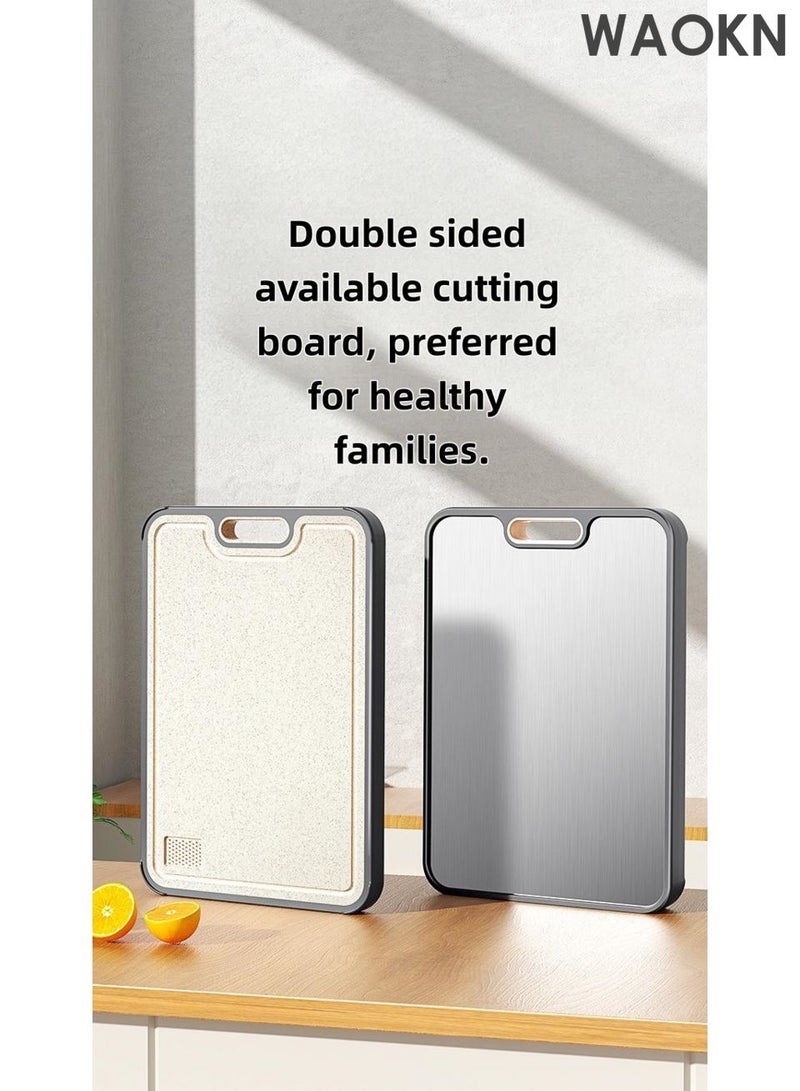 دبليو أيه أو كي أن لوح تقطيع الخضار، لوح تقطيع منزلي مضاد للعفن والبكتيريا، لوح تقطيع مزدوج الجوانب للطعام، لوح تقطيع من الفولاذ المقاوم للصدأ 304 ومادة قش القمح، لوح تقطيع اللحوم والخضروات، حافة سيليكون مضادة للانزلاق، حوض عصير. - Image 2